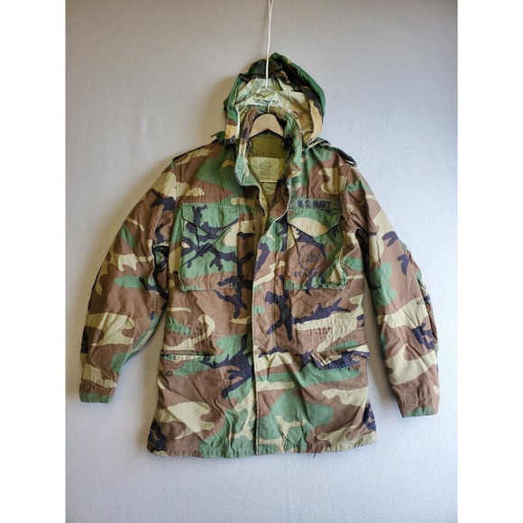 Vintage Seabees M-65 Military Camo Field Jacket Size Small Long US Navy w/ Liner